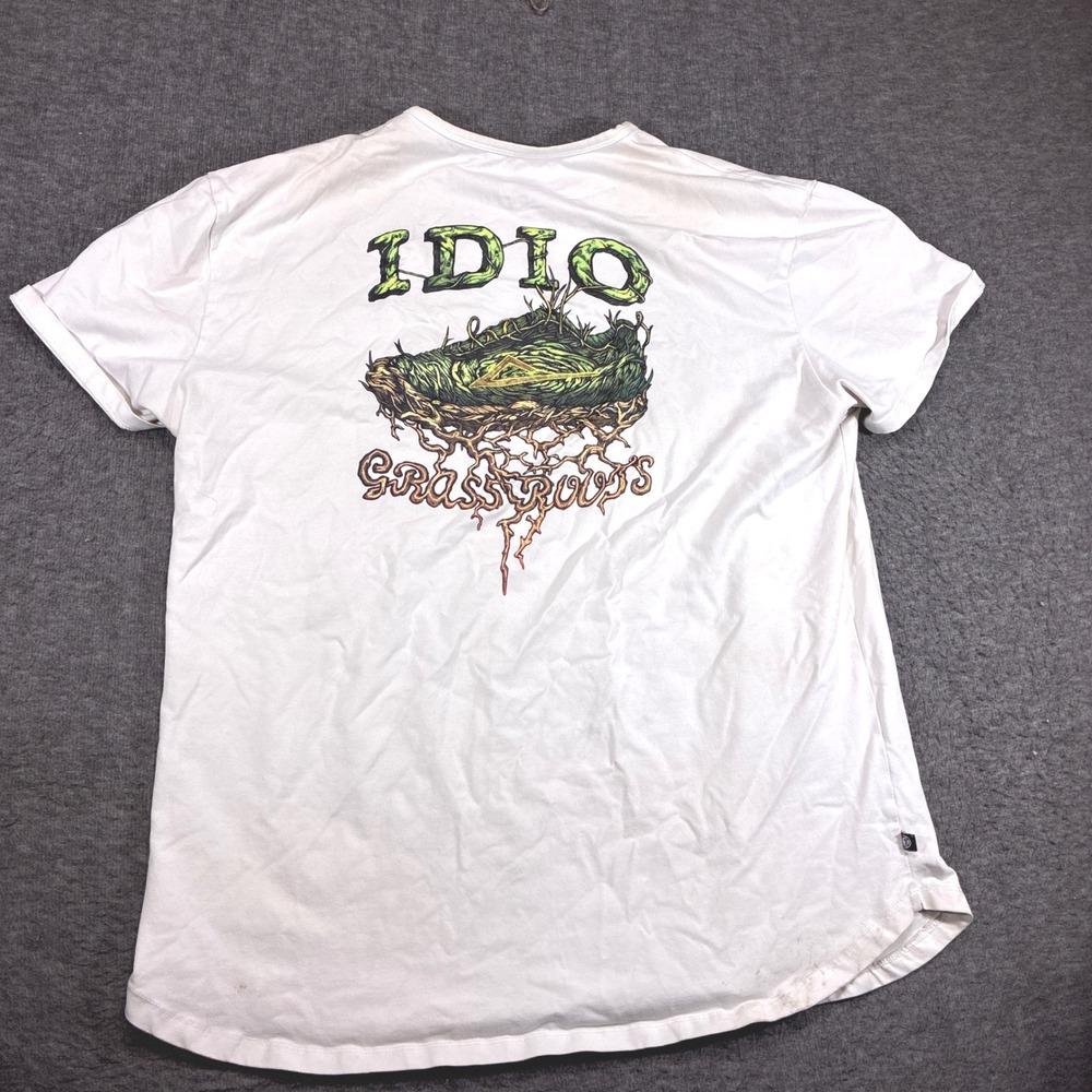 Idio Sports Disc Golf T-Shirt Mens XL White Grassroots Graphic Tee Stains